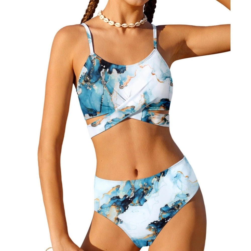 Girls Blue Marble Print Crossover Bikini Set‎ High Waisted Swimsuit Size 9-10Y